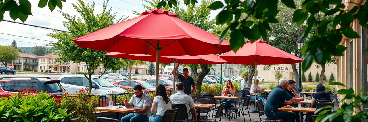 Outdoor dining under red umbrellas captures more than a meal - tradition in a vibrant café setting.