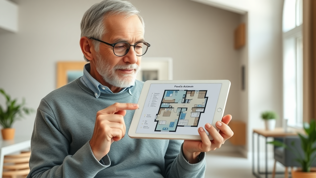 Elegant senior apartment floor plan, older adult reviewing digital layout, bright communal space in Raleigh, calming tones, independent living
