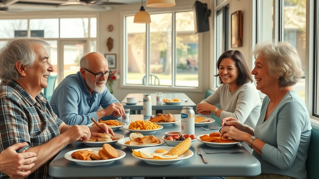Family bonding over Durham breakfast favorites in bright, vintage-style diner.