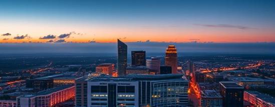 iconic Raleigh skyline, breathtaking, towering over, photorealistic, above the cityscape with twinkling lights, highly detailed, clouds drifting by, aerial perspective, warm hues, sunset glow, shot with a drone camera lens.