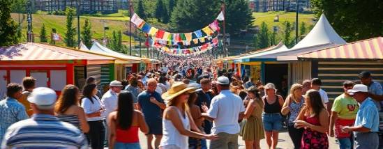 cultural Raleigh festival, festive, celebrating together, photorealistic, in a lively park with colorful booths, highly detailed, people dancing to music, motion blur, vivid colors, mid-day sunshine, shot with a 35mm lens.