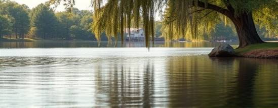 tranquil Raleigh nature, serene, flowing gently, photorealistic, by a tranquil lake with trees swaying, highly detailed, birds flying above, depth of field, natural tones, soft diffused light, shot with a macro lens.