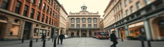 historic Raleigh building, timeless, standing tall, photorealistic, among cobblestone streets with vintage charm, highly detailed, people walking by, bokeh background, sepia tones, early morning glow, shot with a tilt-shift lens.
