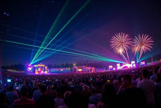 breathtaking Raleigh event, exhilarating, unfolding vividly, photorealistic, under starry night sky with laser shows, highly detailed, fireworks lighting up, long exposure, neon colors, night illumination, shot with a zoom lens.