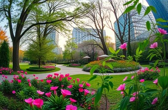 lush Raleigh park, peaceful, blossoming beautifully, photorealistic, surrounded by lush greenery and vibrant flowers, highly detailed, gentle breeze swaying leaves, high resolution, pastel colors, golden hour light, shot with a fisheye lens.